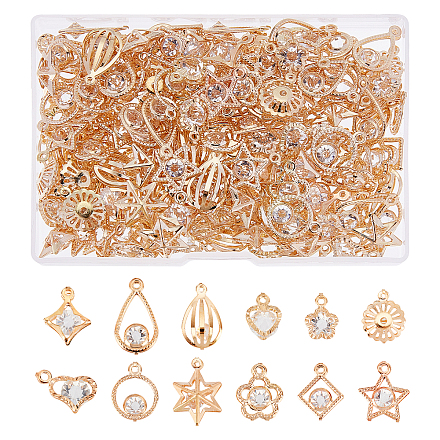 SUPERFINDINGS 168Pcs 12 Style Iron Rhinestone Charms Pendant Cubic Zirconia Charms Light Gold Plated Dangle Pendants Rhinestone Heart Flower Teardrop Rings Charms for Necklace Bracelet Making IFIN-FH0001-55-1