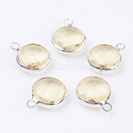 Silver Color Plated Brass Glass Flat Round Charms X-GLAA-M003-A-14S-1