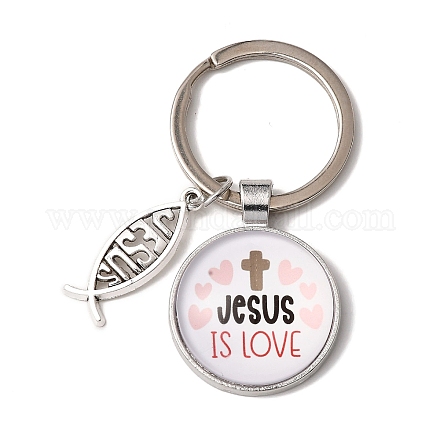 J'aime le porte-clés pendentif en verre symbole de jésus avec breloque en alliage de poisson de jésus KEYC-G058-01C-1