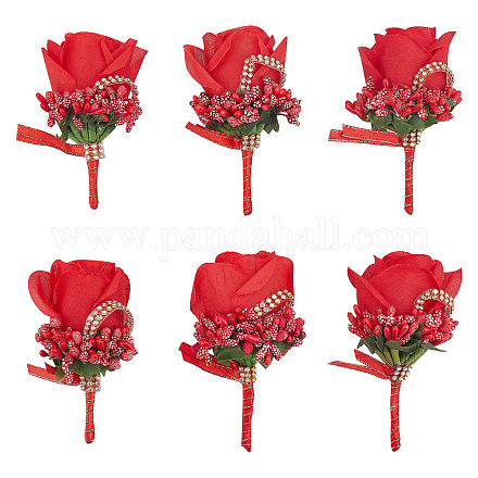 CRASPIRE Set of 6 Red Rose Boutonnieres Groom and Best Man Boutonniere Rose Corsage Men Boutonniere Set for Groom Groomsmen Wedding Prom AJEW-WH0258-294A-1