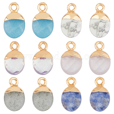 SUPERFINDINGS 12Pcs 6 Styles Electroplated Natural & Synthetic Mixed Gemstone Faceted Oval Charms G-FH0002-15-1