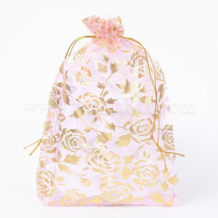 ローズプリントオーガンジーバッグ巾着袋  ギフトバッグ  長方形  パールピンク  23x17cm OP-Q046-17x23-01-1