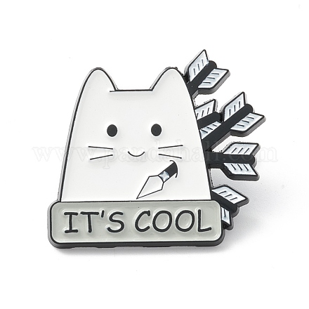 かっこいい合金ブローチ  バックパックの服のための矢印の襟章を持つ猫  電気泳動黒  ホワイト  26x28x2mm  ピン：1mm JEWB-M022-12-1