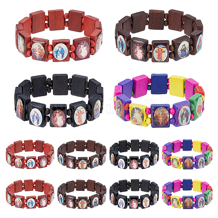 Fibloom 12 pièces 4 couleurs ensemble de bracelets à carreaux à motif religieux BJEW-FI0001-38-1