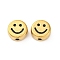 304 Stainless Steel Enamel Beads, Ion Plating(IP), Real 18K Gold Plated, Flat Round with Smiling Face, Black, 9.5~10x5mm, Hole: 1.6mm