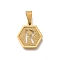 304 Stainless Steel Charms, Real 18K Gold Plated, Hexagon with Letter Charm, Letter R, 15x14x1.5mm, Hole: 3x5.5mm