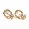 Brass Stud Earring Findings, with Loops, Clear Cubic Zirconia and Ear Nuts, Ring with Flower, Golden, 14.5x10.5mm, Hole: 1mm, Pin: 0.8mm