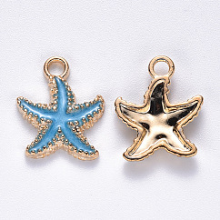 Colgantes de esmalte de aleación, estrella de mar, la luz de oro, cielo azul profundo, 18x15x3mm, agujero: 2.5 mm
