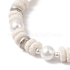 Bracelets extensibles en perles de lave naturelles rondes et plates et en coquillage pour femmes&nbsp;BJEW-JB12140-02