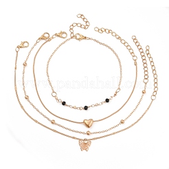 4 pz 4 cavigliere a catena in lega di stile con cuore in rilievo e ciondolo a forma di farfalla per le donne&nbsp;SJEW-D009-01KCG