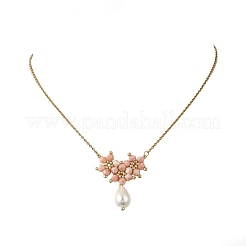 Collana con ciondolo a goccia di fiore con perline di vetro galvanizzate e catena a maglie in acciaio inossidabile 304&nbsp;NJEW-MZ00156