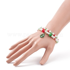 2 Stück 2 Stil Glasperlen & Bunte Malerei Pilzperlen Stretch-Armbänder Set mit Legierungs-Emaille-Weihnachtsanhänger für Frauen&nbsp;BJEW-JB08395