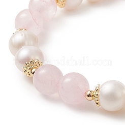 Braccialetto elasticizzato con perline rotonde in quarzo rosa naturale e perle da donna&nbsp;BJEW-JB09246-03