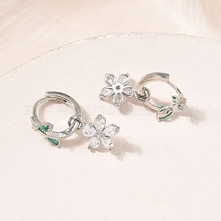 Orecchini pendenti a cerchio con fiori in ottone e micro pavé di zirconi cubici per donna&nbsp;EJEW-A167-13P-02