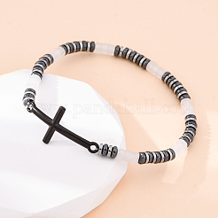 Braccialetti elastici in perline di giada bianca naturale con colonna bohemia&nbsp;BJEW-F493-01EB