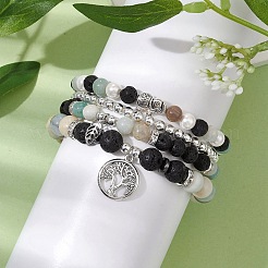 4 Stück 4 Stile 6/8mm runder natürlicher Lavastein & Blumen-Amazonit & Muschelperlen stapelbare Stretch-Armband-Sets&nbsp;BJEW-JB10333