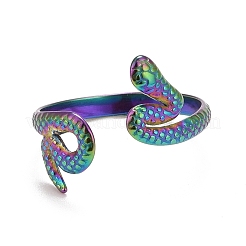 Anillo abierto de acero inoxidable 304 con revestimiento de iones de color arcoíris (IP) y diseño de serpiente para mujer&nbsp;RJEW-A005-06