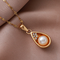 Colliers vintage pour femmes avec pendentif en forme de larme en acier inoxydable 304 et perles d'imitation.&nbsp;BR9499