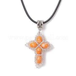 Collares de cordón de algodón encerado negro con colgante de cruz de jaspe imperial sintético teñido con cuentas de vidrio.&nbsp;NJEW-MZ00138