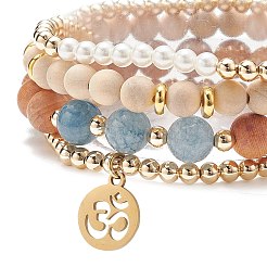 4 Uds. 4 pulseras elásticas de madera natural y cuarzo (teñidas) y perlas de concha&nbsp;BJEW-JB08822