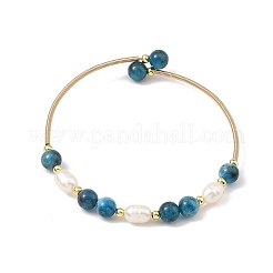 Bracciali rigidi in rame con perline rotonde di apatite naturale e perle a chicco di riso&nbsp;BJEW-JB14374-01