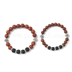 2 ensemble de bracelets extensibles à perles rondes en pierre de lave naturelle et bois&nbsp;BJEW-JB12352