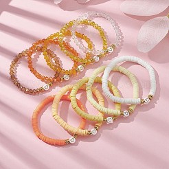 Set di 10 disco di argilla polimerica e braccialetti elasticizzati con perline di vetro e ottone&nbsp;BJEW-JB09676-03