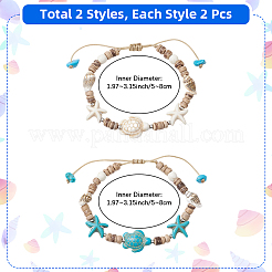 4 Stück 2 Farben Ozean Thema Seestern Schildkröte synthetische Türkis & Kokos geflochtene Perlen Armband-Sets&nbsp;BJEW-PA0001-03