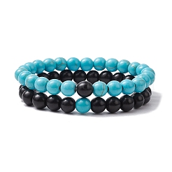 2 Stück 2 Farben gefärbte synthetische türkisfarbene Perlen-Stretch-Armbänder für Frauen und Männer&nbsp;BJEW-JB11552