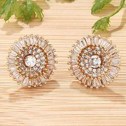 Orecchini a bottone in ottone tondo piatto con micro pavé di zirconi cubici trasparenti per donna&nbsp;EJEW-G428-13G