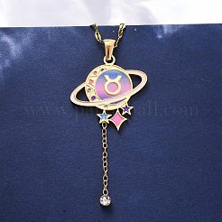 304 Edelstahl Hot Pearl Emaille Konstellation Planet Anhänger Halsketten&nbsp;NJEW-D310-01C-G