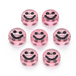 Perles en acrylique transparente, avec de la poudre de paillettes, rond plat avec visage souriant en émail noir, rose, 10x5mm, Trou: 2mm, environ 1450 pcs/500 g
