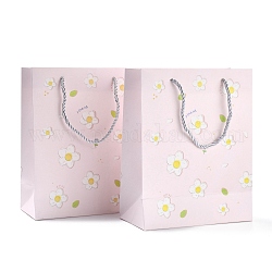 Rectangle avec des sacs en papier à motif de fleurs, avec poignées, pour sacs-cadeaux et sacs à provisions, rose, 24.5x19.5x9.7 cm, plier: 24.5x19.5x0.4 cm, 12 pcs /sachet 