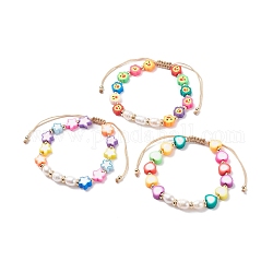 Handgefertigtes Armband aus geflochtenen Perlen aus Fimo und natürlichen Perlen für Frauen, Gemischte Muster, Innendurchmesser: 2-1/4 Zoll (5.6 cm)