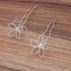Fornituras de horquilla de pelo de hierro, con fornituras de filigrana de flores, plata, 70x12x1.2mm, fornituras de filigrana: 35mm