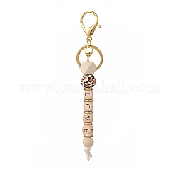 Liebes-Schlüsselanhänger mit Holzperlenanhänger, Legierung mit Karabinerverschluss, Würfel, rund und achteckig, golden, 17 cm