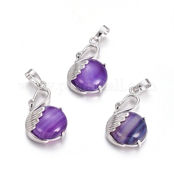 Natural Agate Pendants, with Platinum Tone Brass Findings, Swan, Dyed & Heated, 30.8x18.8x8.5mm, Hole: 7x5mm