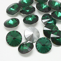 Cabochons en verre avec strass de dos avec point, rivoli strass, dos plaqué, facette, cône, med.emerald, 14x7mm
