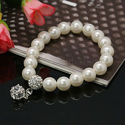Bracelets avec breloque, bracelets de perles acryliques, avec argile polymère perles strass et perles de laiton strass, élastique, blanc, 50mm