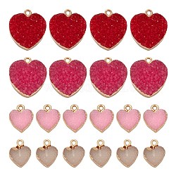 8 pièces 4 pendentifs en résine druzy galvanoplastie de style, avec les accessoires en fer d'or lumière, La Saint-Valentin, cœur, couleur mixte, 15~22.5x12~19.5x3.5~8mm, Trou: 1~1.8mm, 2 pièces / style