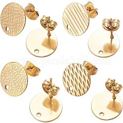 BENECREAT 24Pcs 4 Style Textured Flat Round Ion Plating(IP) 304 Stainless Steel Ear Stud Findings, with Ear Nuts/Earring Backs and Hole, Golden, 12mm, Hole: 1.2mm, Pin: 0.8mm, 6pcs/style