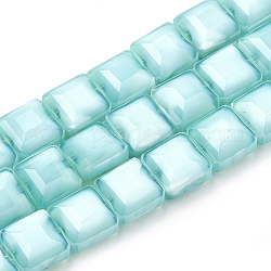 Chapelets de perles en verre opaque de couleur unie, facette, carrée, turquoise pale, 13x13x7.5mm, Trou: 1~1.2mm, Environ 27 pcs/chapelet, 13.77 pouce (35 cm)