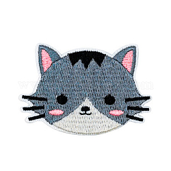 機械刺繍布地手縫い/アイロンワッペン  マスクと衣装のアクセサリー  アップリケ  猫の頭  スチールブルー  48x61mm