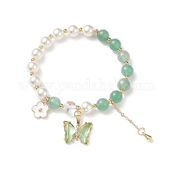 Bracelet extensible en perles rondes d'aventurine verte naturelle et de coquillages, bracelet à breloques papillon en verre et fleur en laiton pour femme, diamètre intérieur: 2 pouce (5.1 cm)