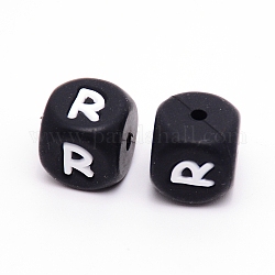Silicone Beads, Cube with Letter.R, Black, 12x12x12mm, Hole: 2mm