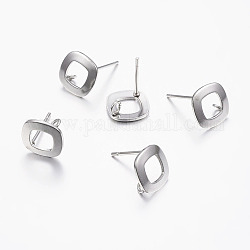 Accessoires de puces d'oreilles en 304 acier inoxydable, avec boucle, carrée, couleur inoxydable, broche: 0.8 mm, 9.5x9.5x1 mm, Trou: 2mm