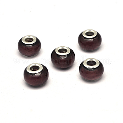 Handmade Silver Foil Glass European Beads, Silver Color Brass Double Cores, Rondelle, Large Hole Beads, Purple, 13x10mm, Hole: 5mm