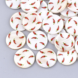 Perles de coquille d'eau douce imprimées, rond plat avec motif de piments, rouge, 23.5~24.5x2.5~4.5mm, Trou: 0.6~1mm