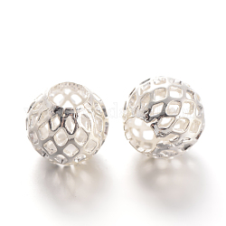 Perline di filigrana di ottone rotonde cave con placcatura a cremagliera, placcato di lunga durata, argento, 10x9mm, Foro: 4 mm