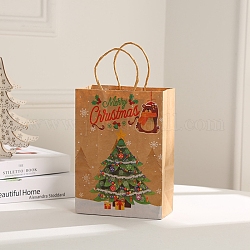 Бумажные мешки, с ручками, подарочные пакеты, сумки для покупок, для рождественской вечеринки сумки, прямоугольник со словом счастливого рождества, узор Рождество дерево, 260x120x330 мм